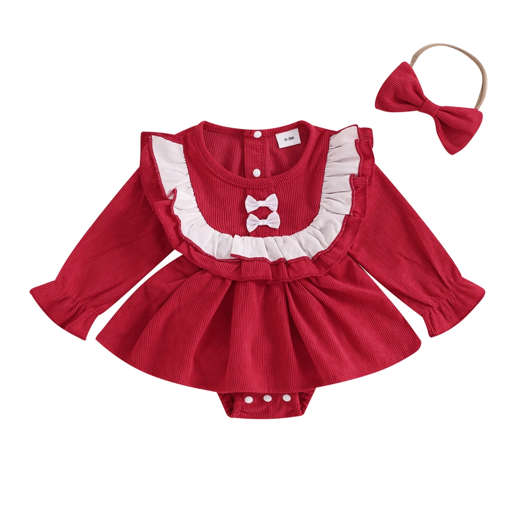 Baby Girl Fall Romper Dress Ruffled Long Sleeve Bow Jumpsuit Headband