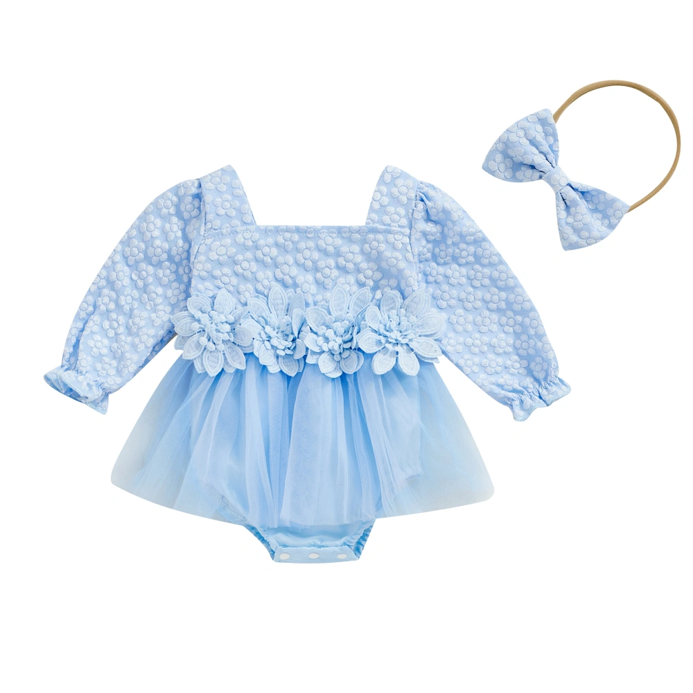 Baby Girl Fall Outfit, Flower Ruffle Sleeve Romper Dress Bow Headband