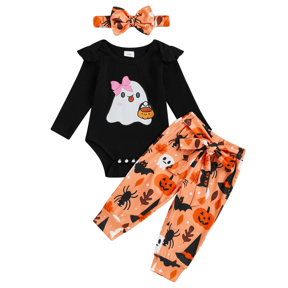 Baby Girl Halloween Outfit Ghost Print Romper Pants with Belt Headband