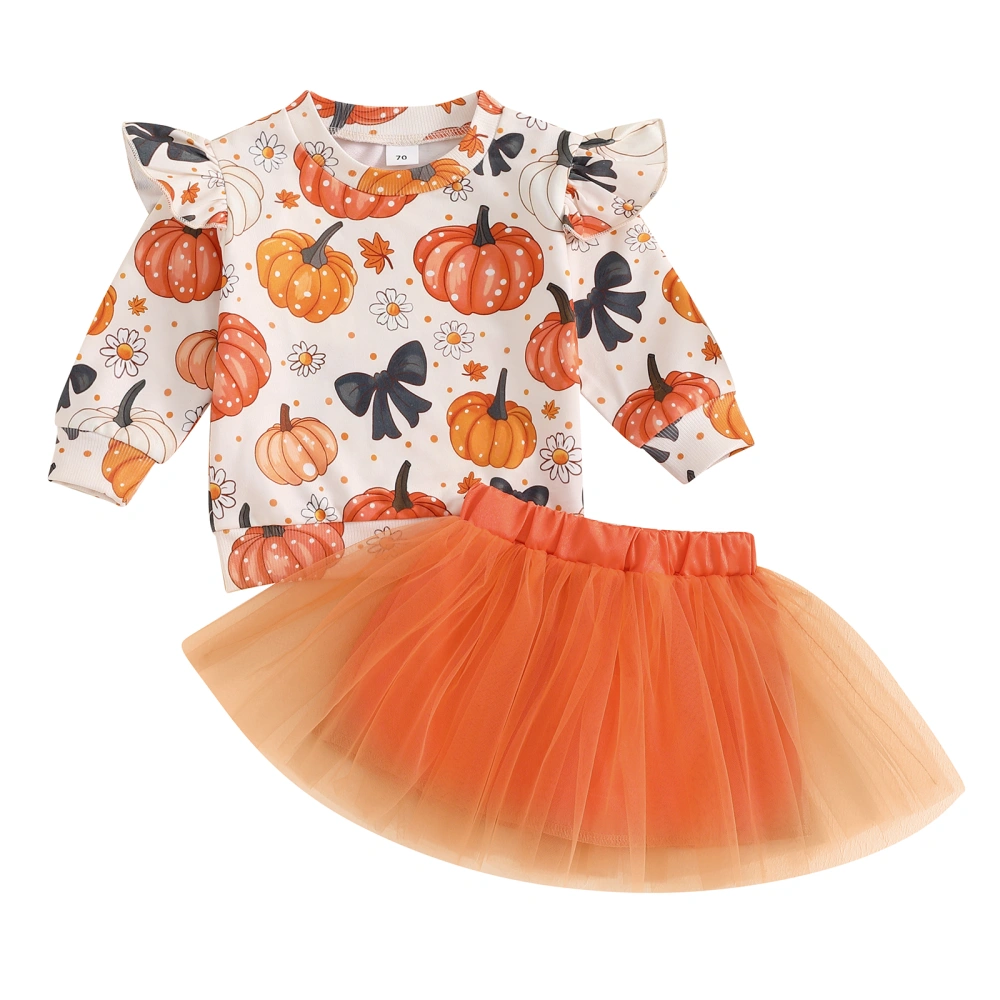 Girl Halloween Set Pumpkin Ruffled Sweatshirt Puffy Gauze Skirt Suit