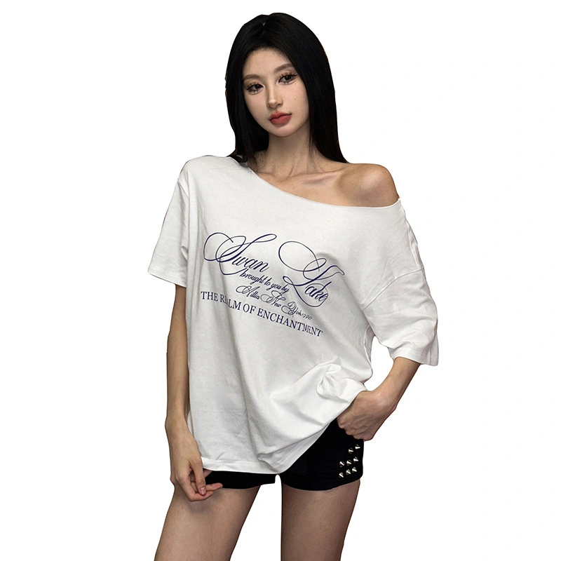 Women One Shoulder Tops Short Sleeve Letter Print Loose Fitting Tshirt