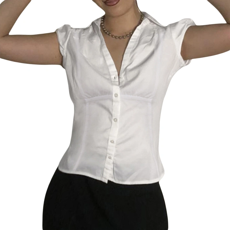 Women's Button Down Shirts Short Sleeve Lapel Collar Solid Color Tops 