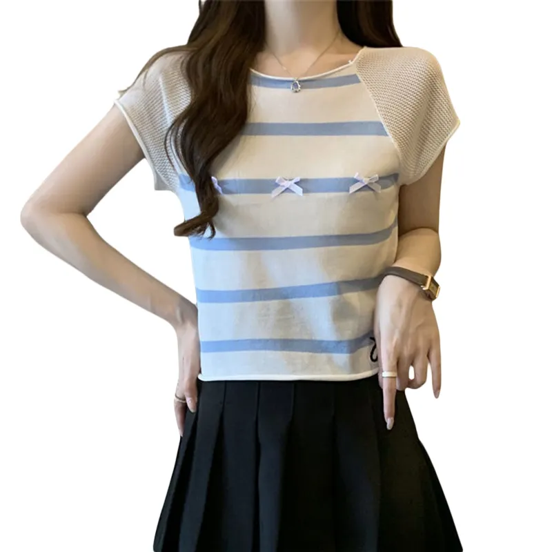 Women Short Sleeve T-Shirts Contrast Color Stripe Casual Shirts