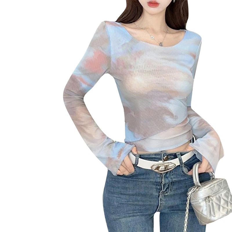 Women's Mesh Crop Tops Tie Dye Print Long Sleeve Slim T-Shirt