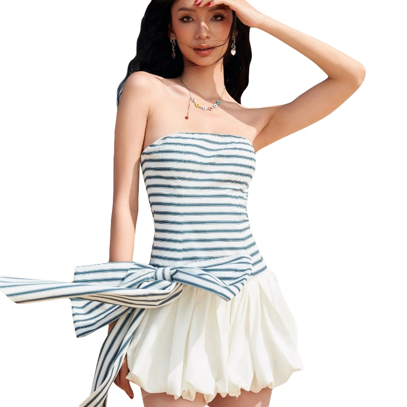 Women's Mini Striped Dress Bow Decor Puffball Tube Top Dress