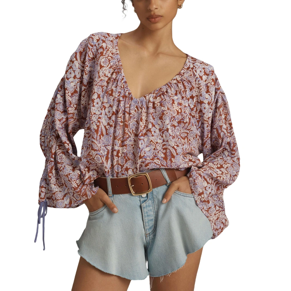 Women's Loose Shirt Floral Print Flare Long Sleeve Boho Blouse