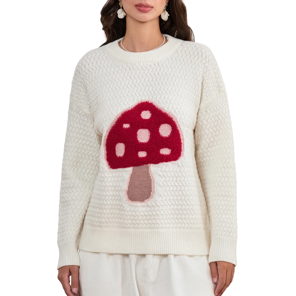 Women Knit Sweater Long Sleeve Crew Neck Mushroom Pullover Sweater