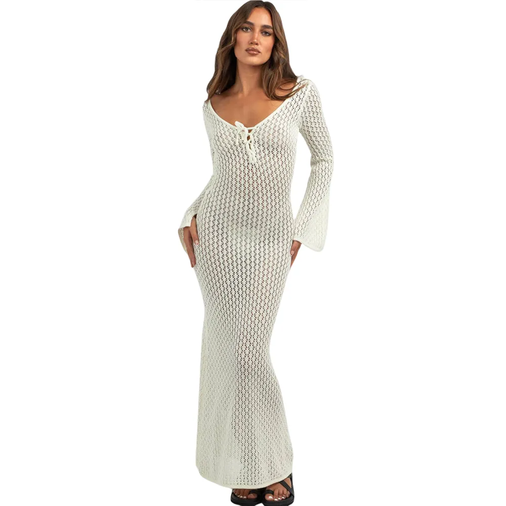 Women's Long Knit Dress Long Sleeve V Neck Tie Up Beach Dress