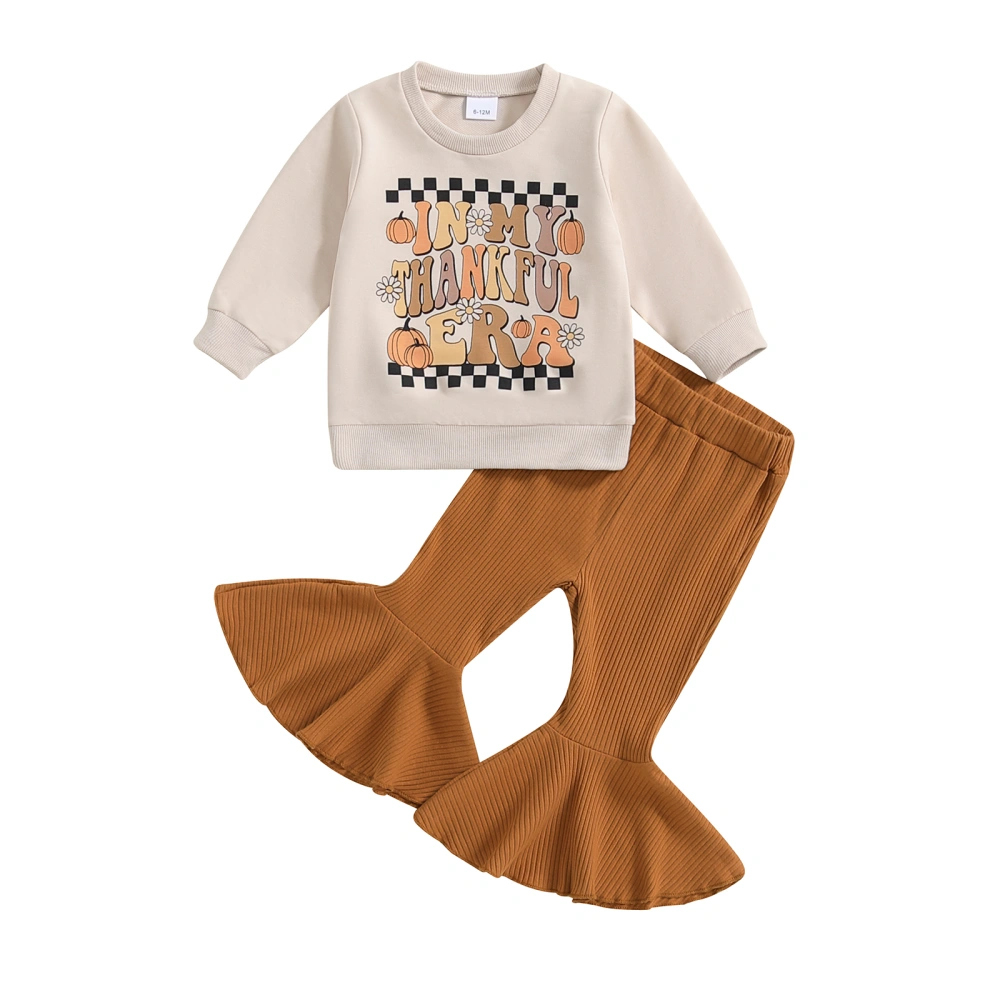 Little Girl Thanksgiving Outfit, Letter Sweatshirt Ribbed Flare Pants 