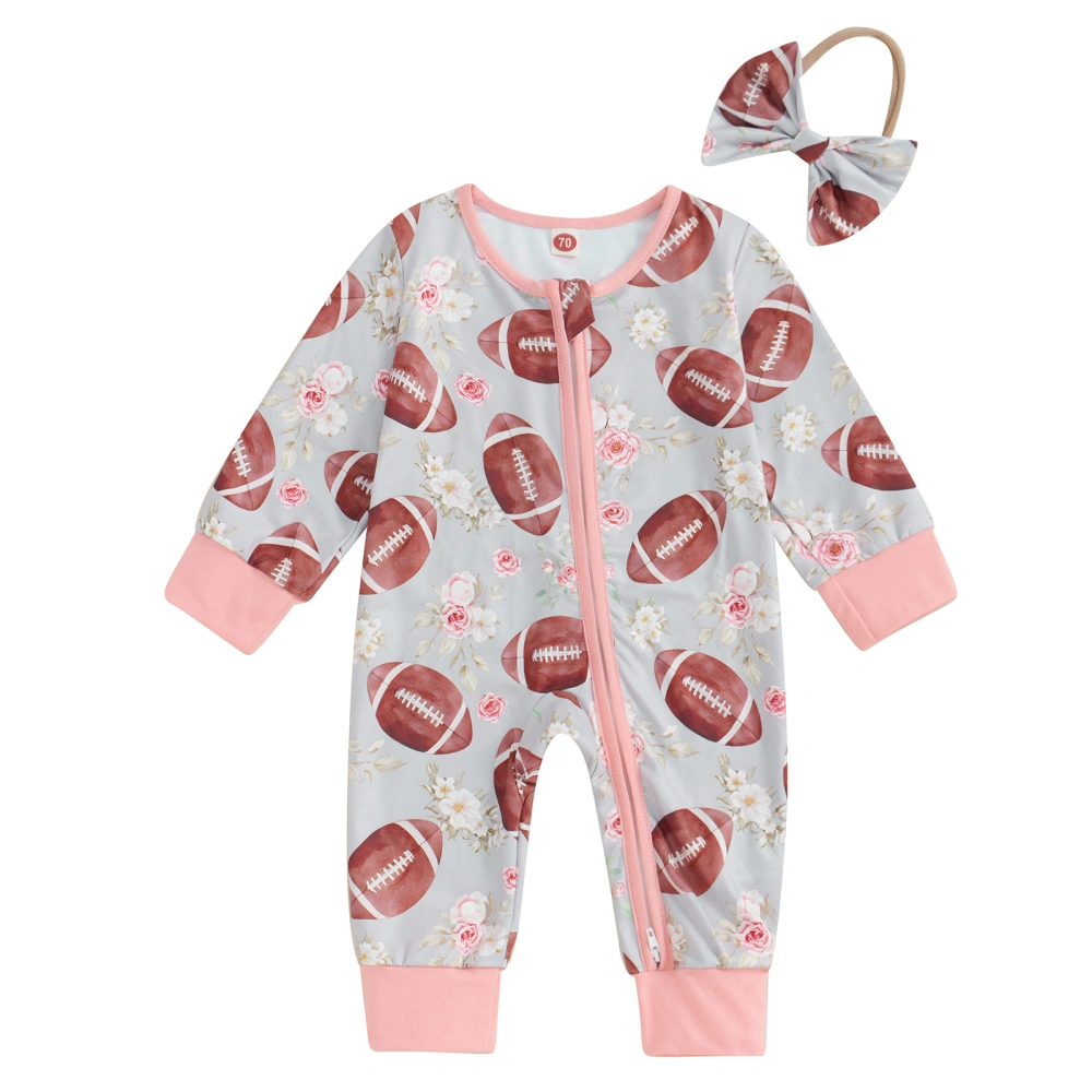 Baby Girl Fall Outfits Football Flower Print Jumpsuit with Headband