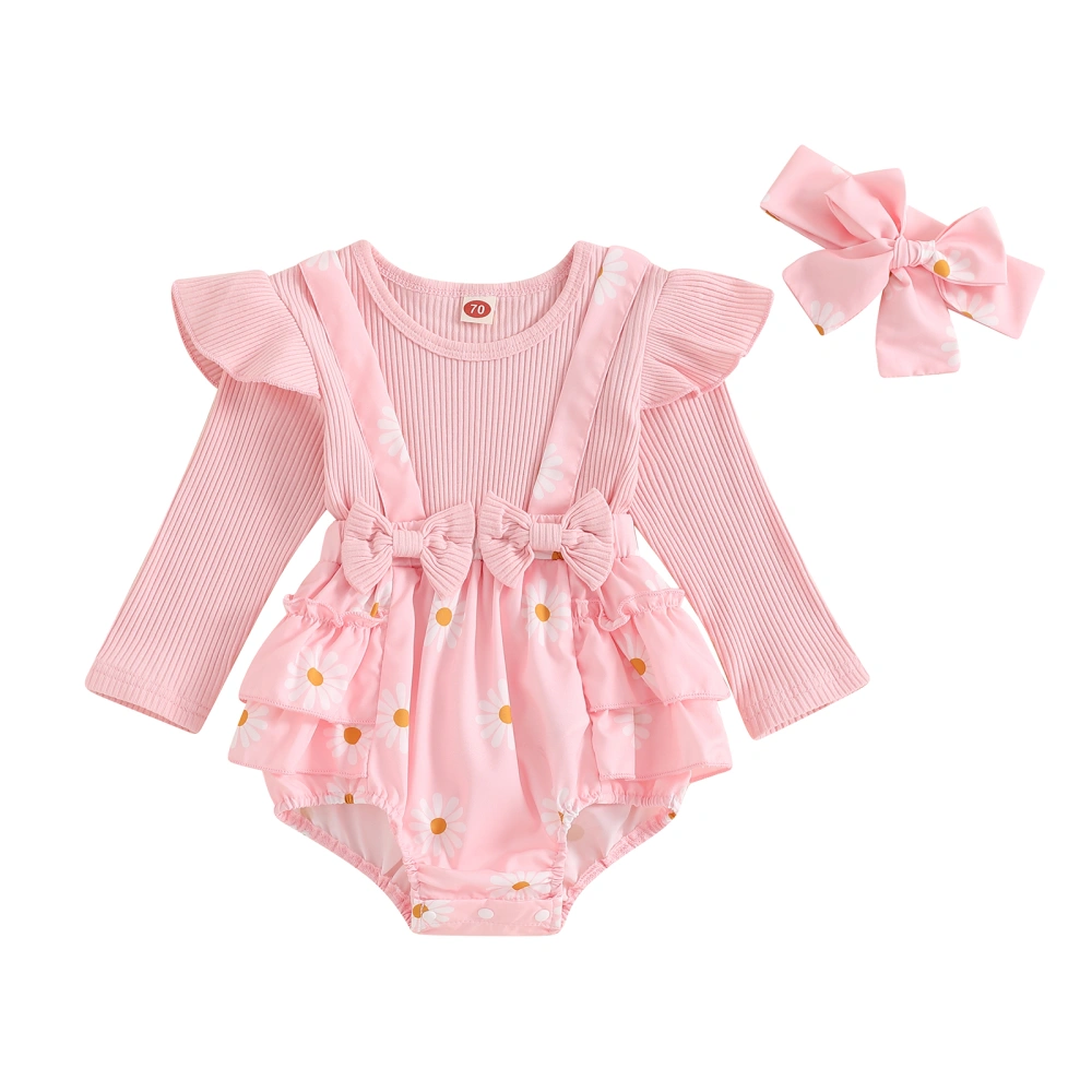 Newborn Girl Outfit Long Sleeve Flower Print Patchwork Romper Hairband