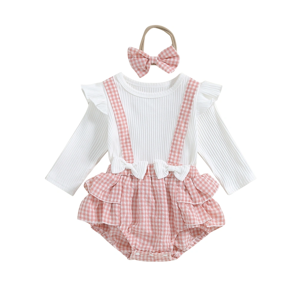 Baby Girl Romper Dress Long Sleeve Plaid Romper with Headband