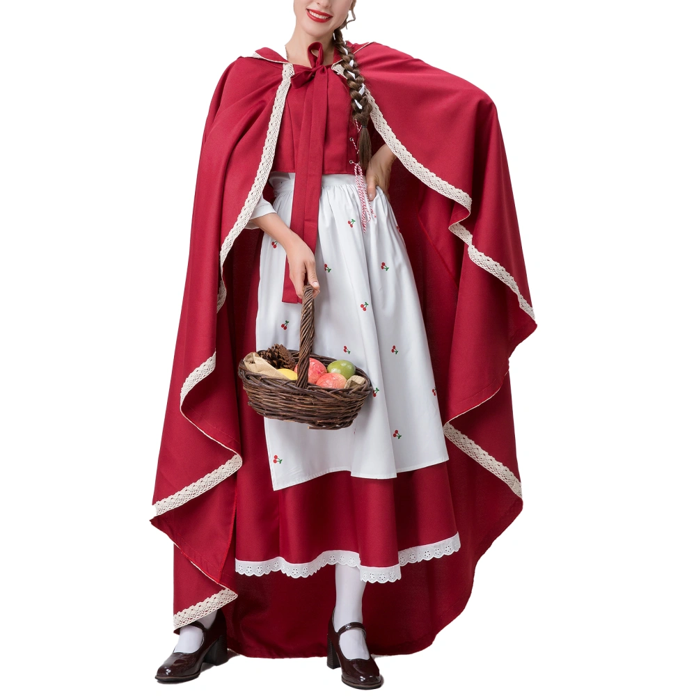 Women Costume Outfit, Long Sleeve Shirt Vest Apron Skirt Red Hooded Cloak