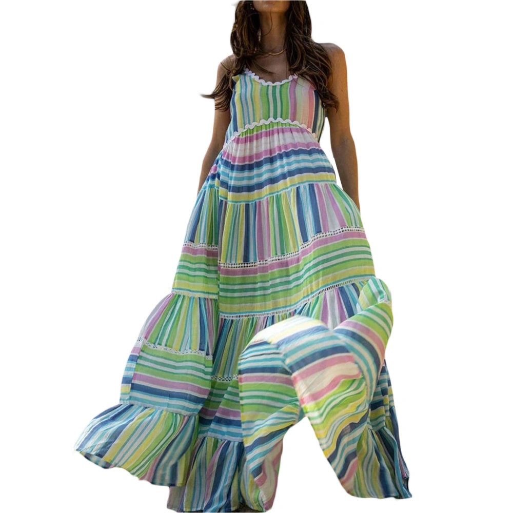 Womens Striped Long Dress Empire Waist Tiered Spaghetti Strap Dress