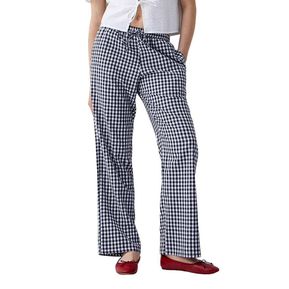 Women's Plaid Print Pants Drawstring Waist Straight Leg Trousers