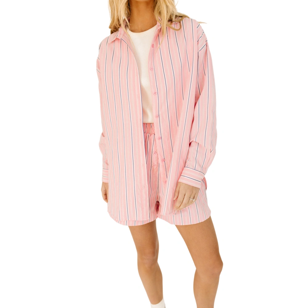 Women's Summer Outfits Stripe Long Sleeve Button Down Tops Shorts