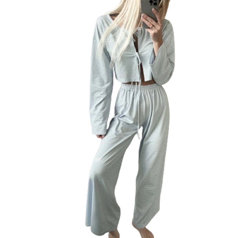 Women Pajamas Lounge Set Stripe Tie-Up Front Tops and Pants Outfits