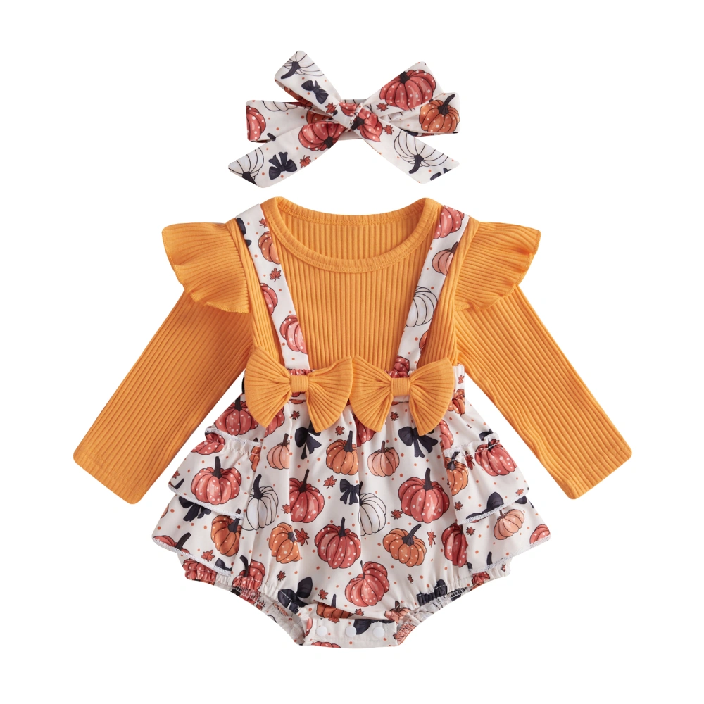 Baby Girl Halloween Outfit, Pumpkin Printed Long Sleeve Romper Dress Headband