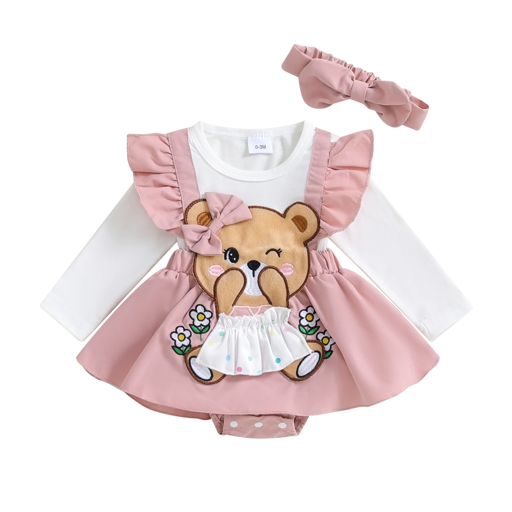 Girl Fall Romper Dress Bear Embroidery Long Sleeve Jumpsuit Headband