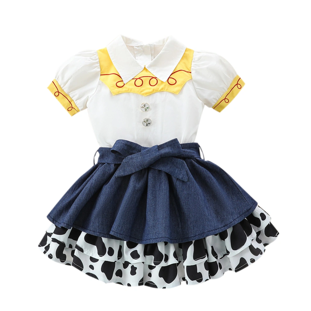 Girl Outfit Short Puff Sleeve Lapel Tops Cow Pattern Patchwork Skirt