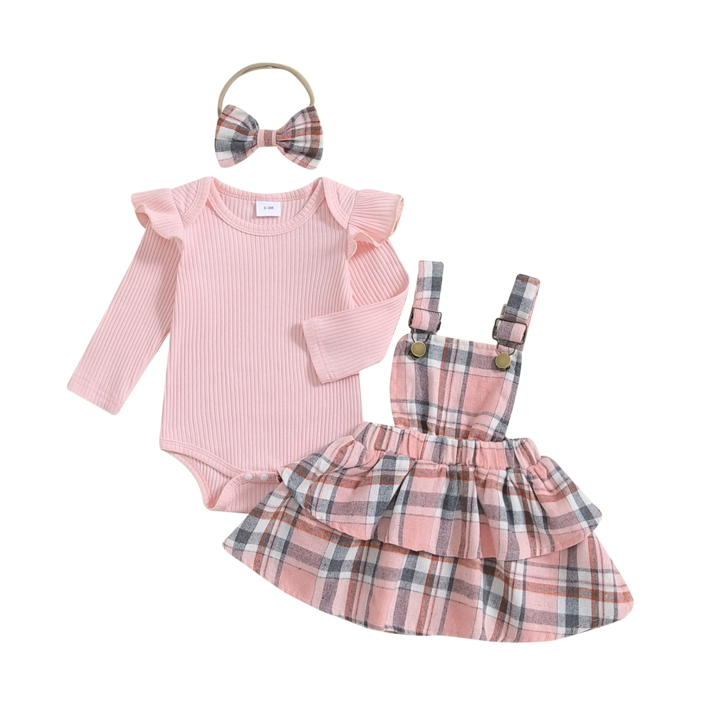 Girl Fall Outfit Long Sleeve Romper Plaid Suspender Skirt Headband