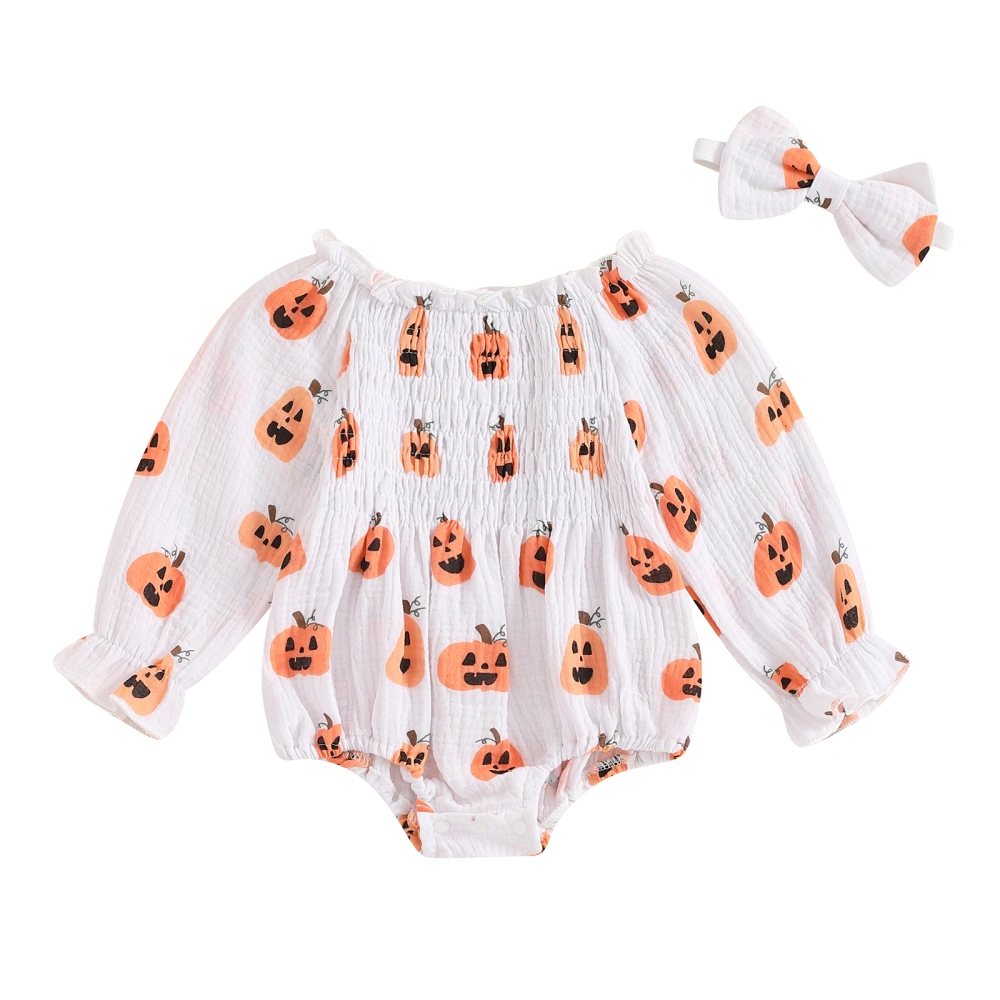 Baby Girl Halloween Outfit Off-shoulder Pumpkin Print Romper Hairband