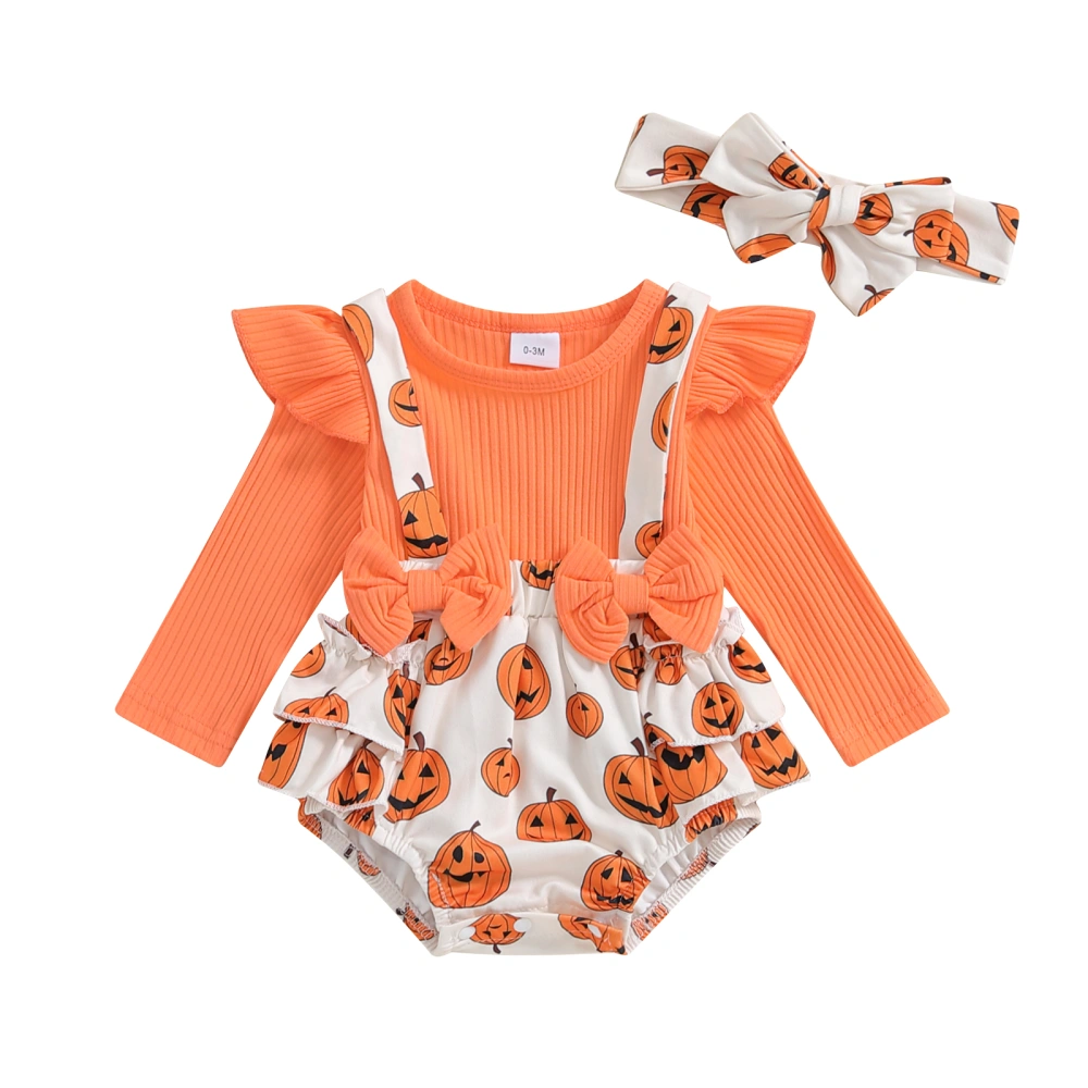 Baby Girl Halloween Outfit, Pumpkin Long Sleeve Romper Headband