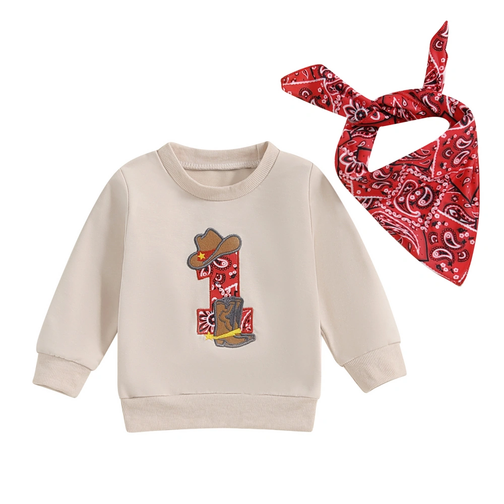 Kids Boy Birthday Sweatshirt Western Embroidery Pullovers and Scarf