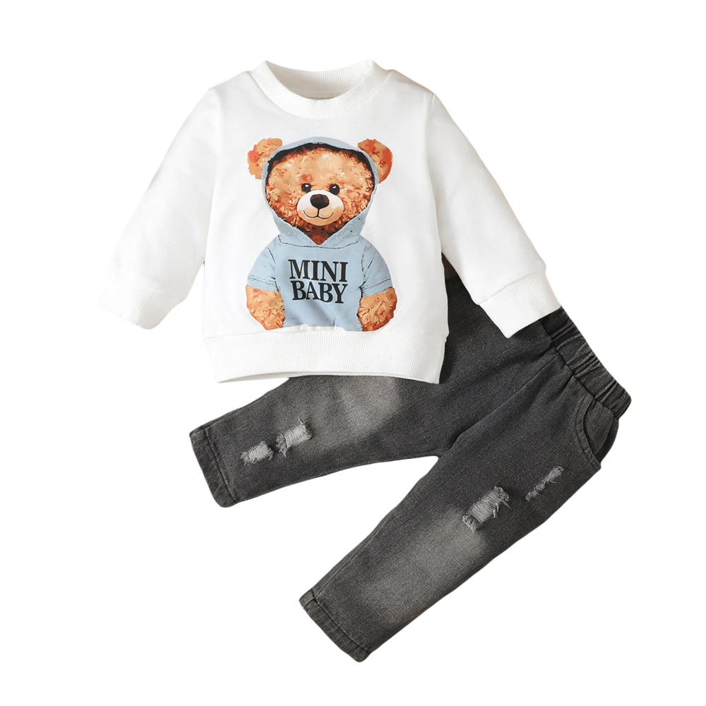 Baby 2 Piece Outfit Bear Print Sweatshirt and Ripped Denim Pants