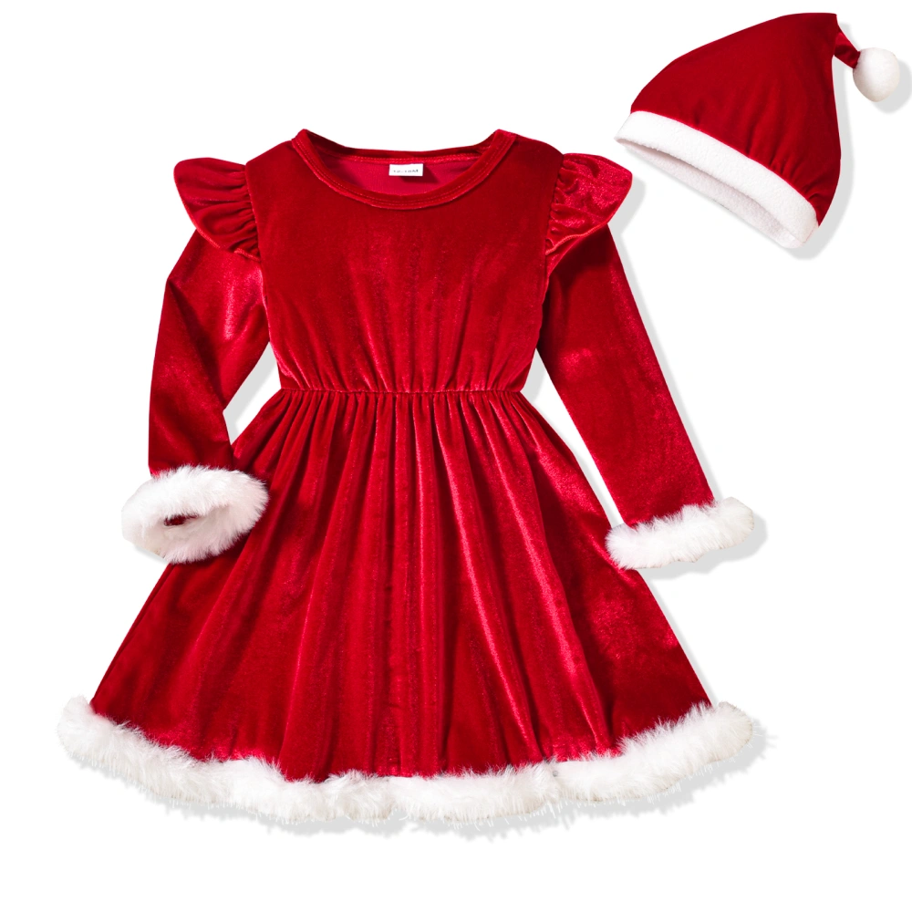 Little Girl Christmas Outfit, Plush Trim Long Sleeve Dress Santa Hat