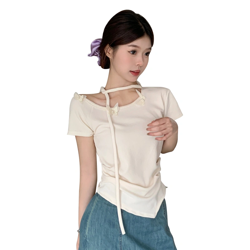 Women One Shoulder Tops Butterfly Short Sleeve Asymmetrical Knit Shirt