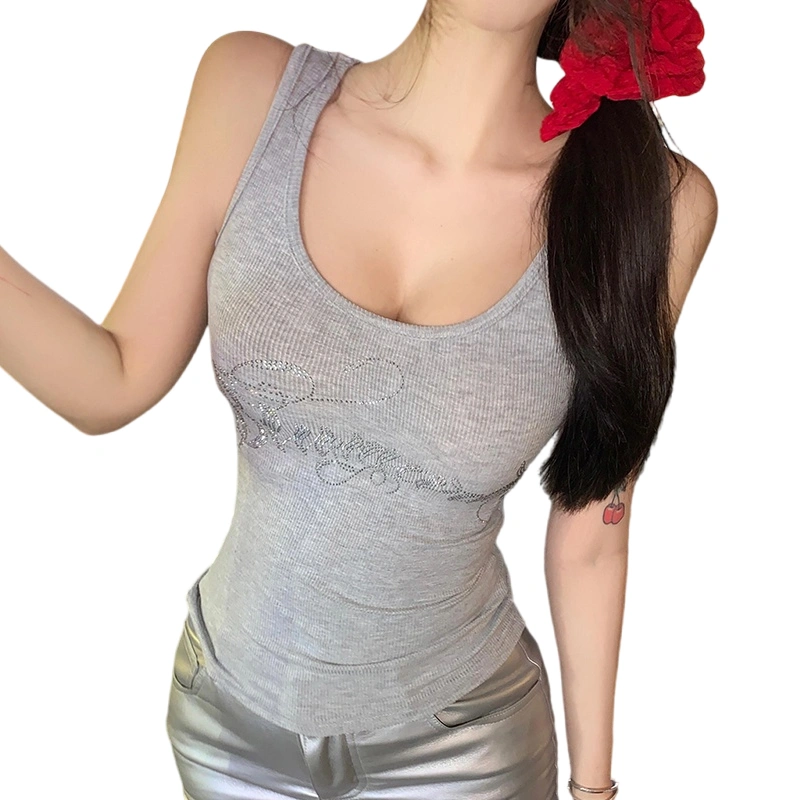 Women’s Rhinestone Letter Tank Tops Sleeveless Scoop Neck Tops