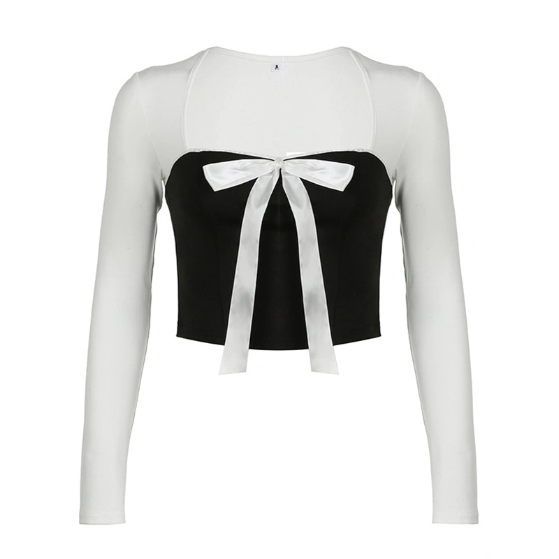 Women Crop Tops Contrast Color Bowknot Long Sleeve T-Shirts Shirts