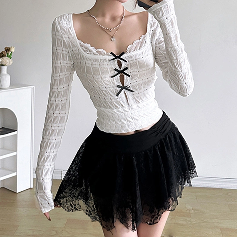 Women's Summer Crop Tops Bow Lace Patchwork Long Sleeve Slim T-Shirt