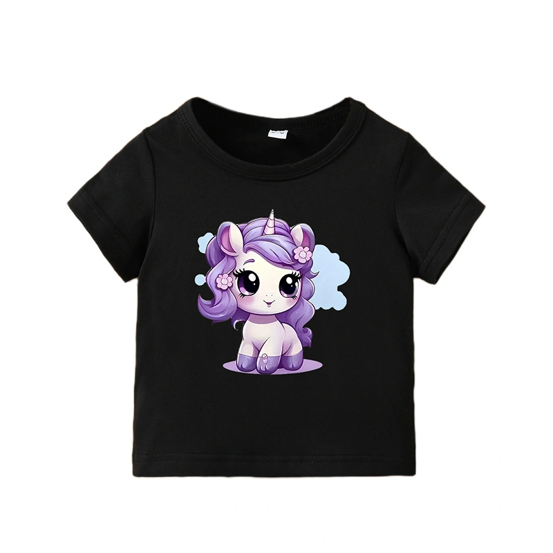 Girls Summer Tops Short Sleeve Crewneck Cartoon Pattern Print T-shirt