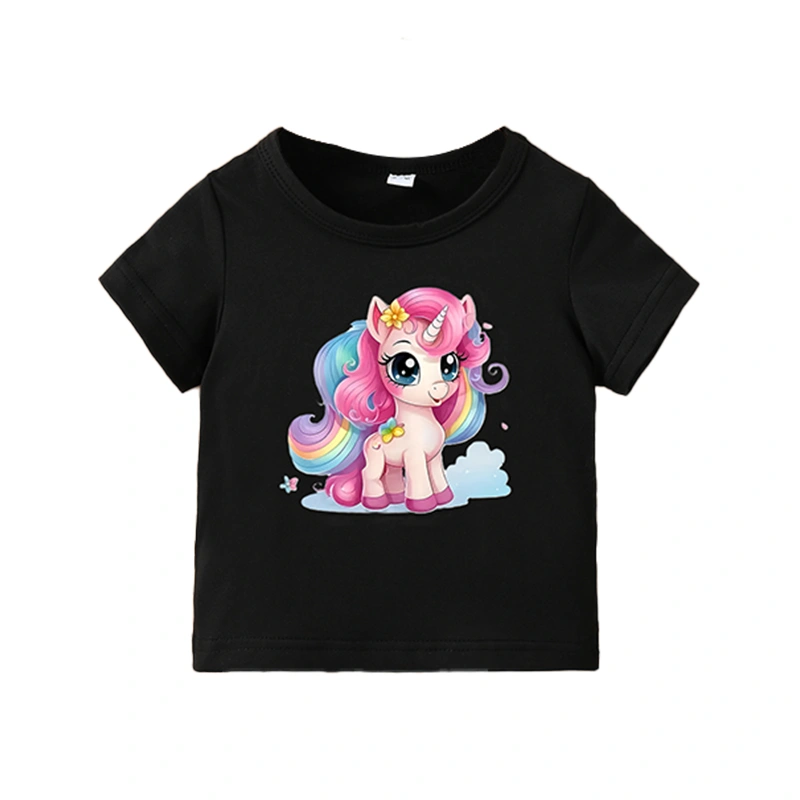 Baby Girls T-shirt, Short Sleeve Crew Neck Cartoon Print Summer Tops