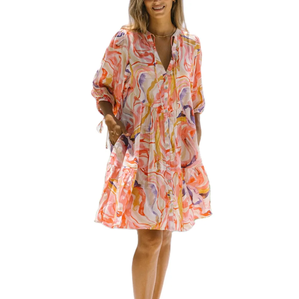 Women Mini Dress Half Sleeve Button-down Printed Casual Dress