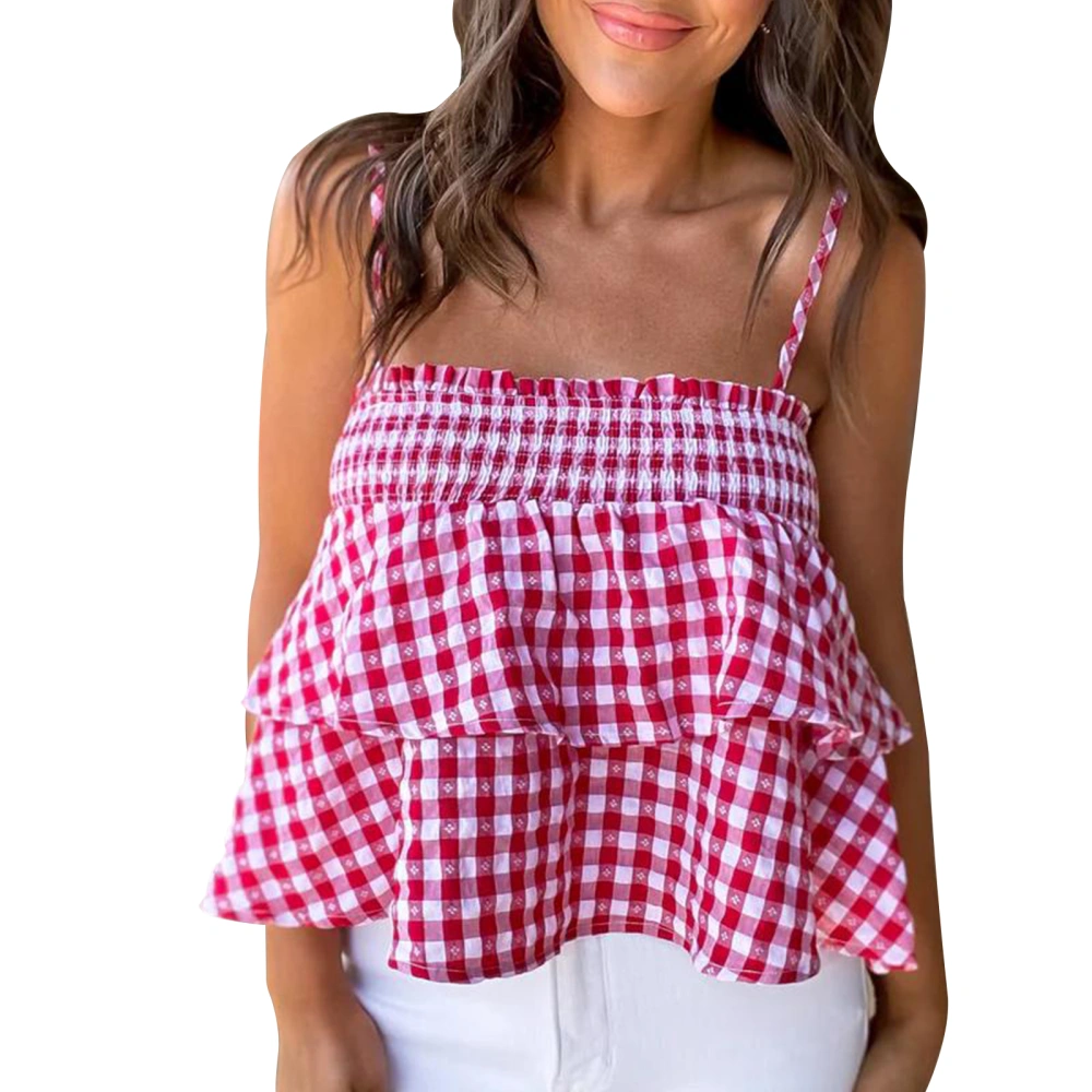 Women Camisole, Sleeveless Backless Pleated Layered Plaid Tops