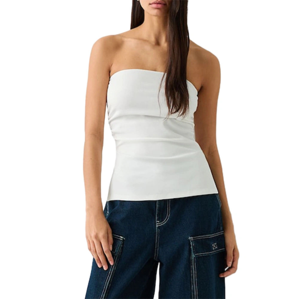 Womens Crop Tube Tops Solid Ruched Split Off Shoulder Sleeveless Shirt