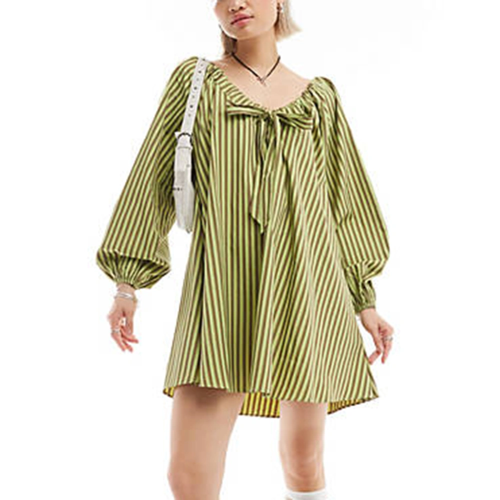 Women Long Sleeve Dress Casual Loose Stripe Print V-Neck Party Dress