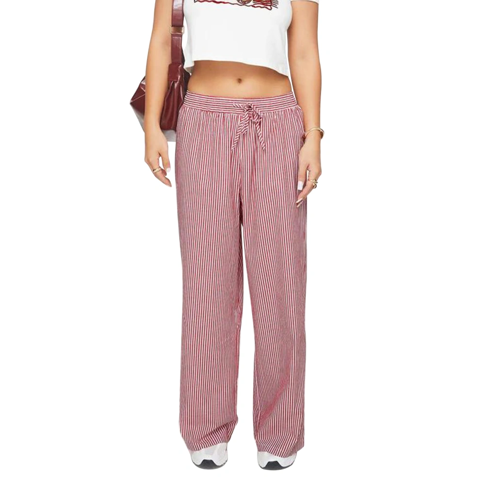 Women's Casual Striped Print Pants Drawstring Waist Wide Leg Trousers 