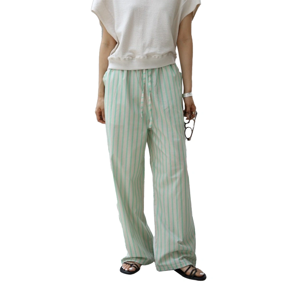 Womens Striped Pants Drawstring Wide Leg Loose Casual Pull On Trousers