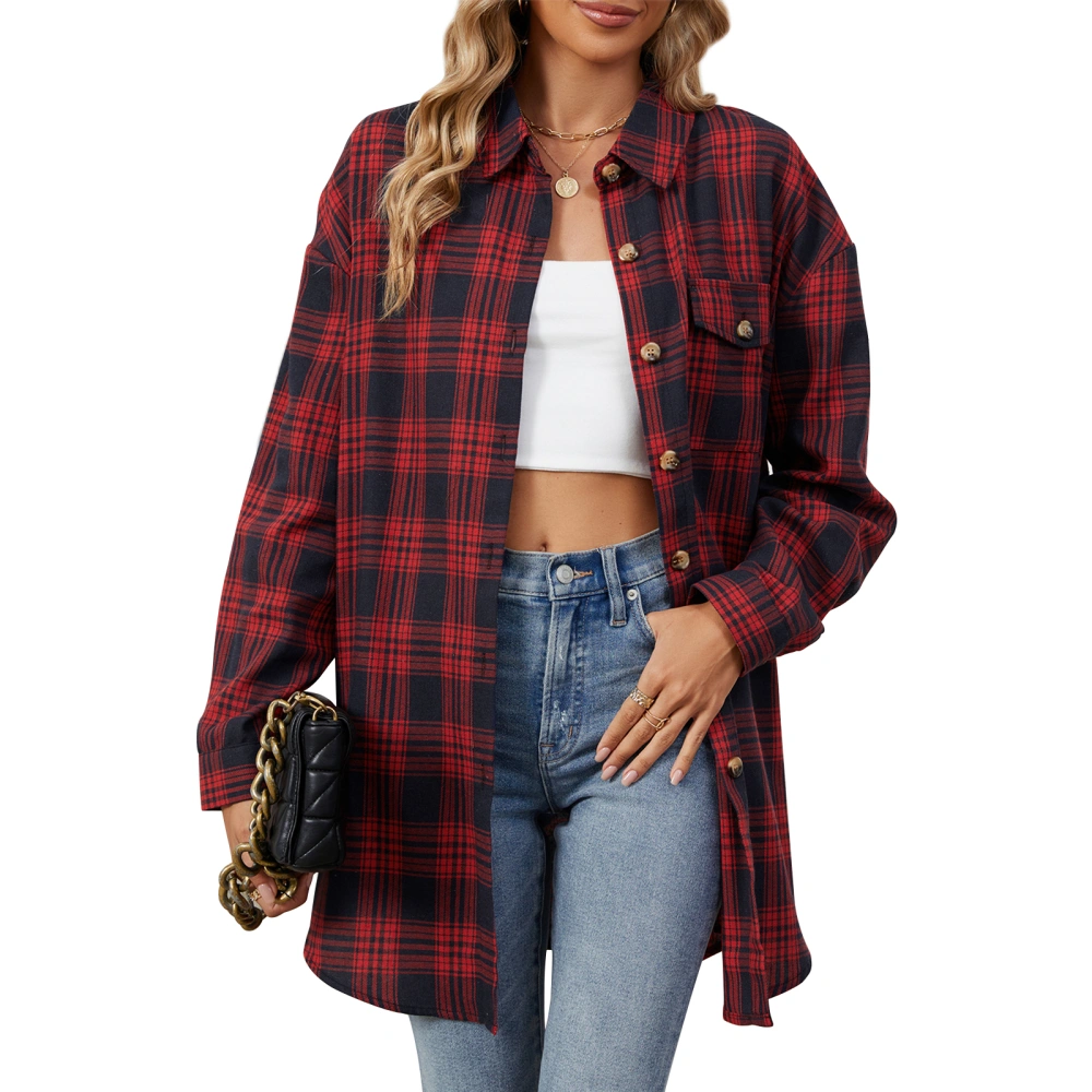 Women Casual Shirt Long Sleeve Lapel Button Up Plaid Tops