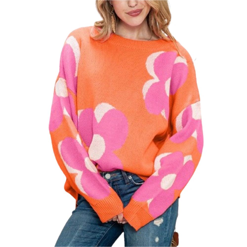 Women Loose Knit Sweater Sweet Flower Print Long Sleeve Pullovers