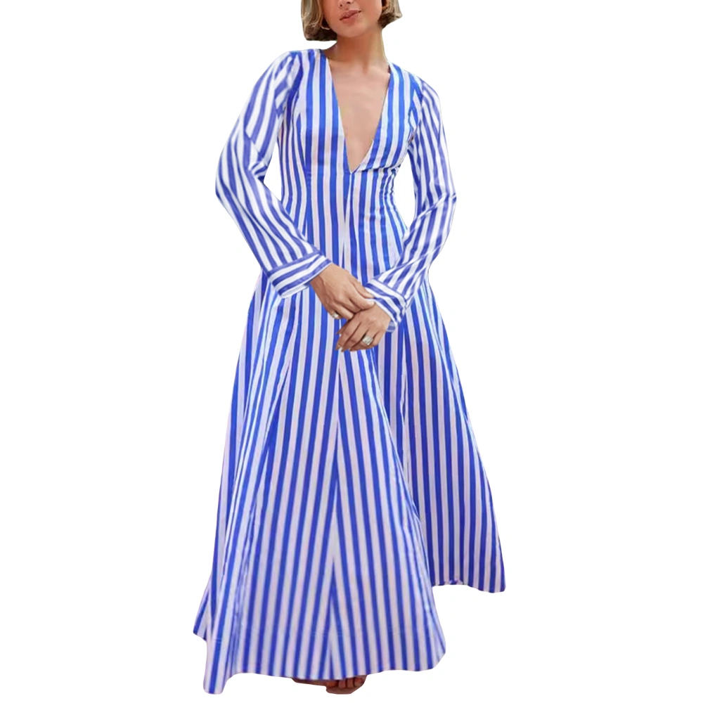 Women's Autumn Long Dress Long Sleeve Deep V Neck Striped Dress