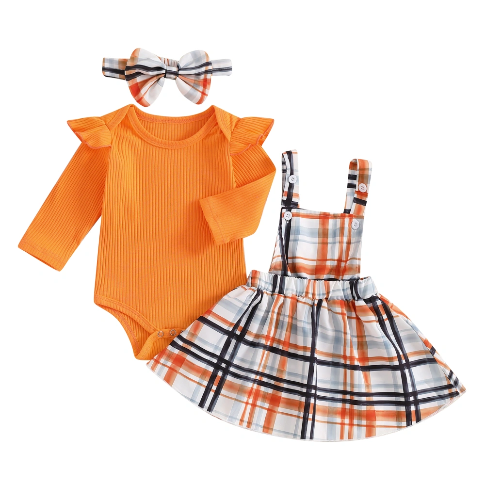 Baby Girl Fall Outfit, Ribbed Romper Plaid Suspender Skirt Headband