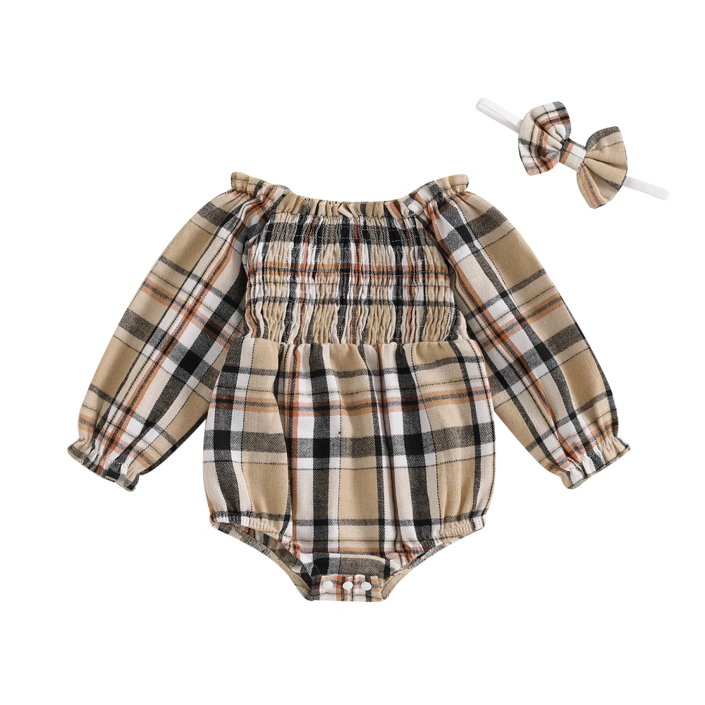 Baby Girls Romper Plaid Print Long Sleeve Jumpsuits and Cute Headband 