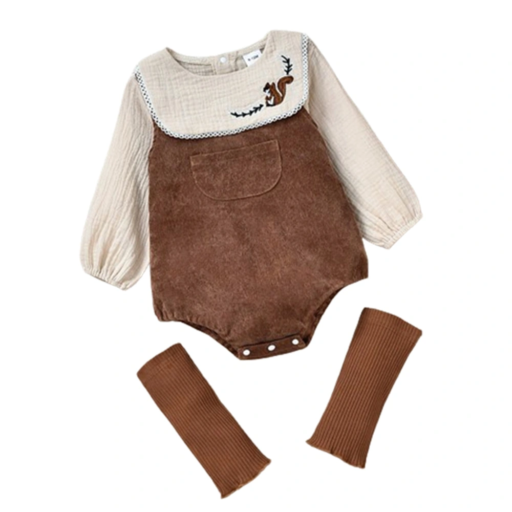 Baby Girl Set Squirrel Embroidered Tops Corduroy Overalls Romper Socks