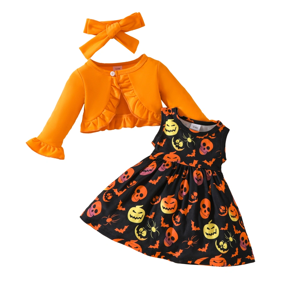 Girl Halloween Set Ruffled Coat Pumpkin Bat Tank Dress Headband Suit