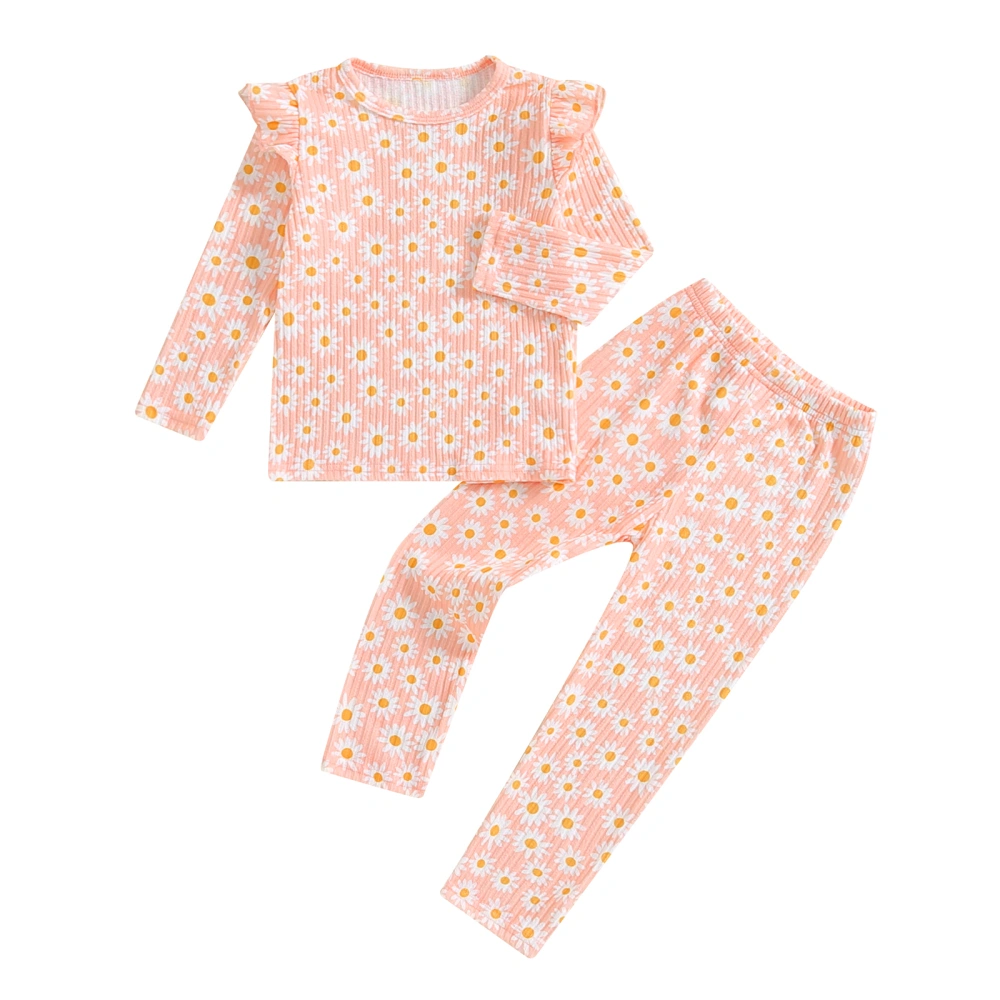 Girl Fall Outfit Daisy Print Ruffled Long Sleeve Pullover Pants Set